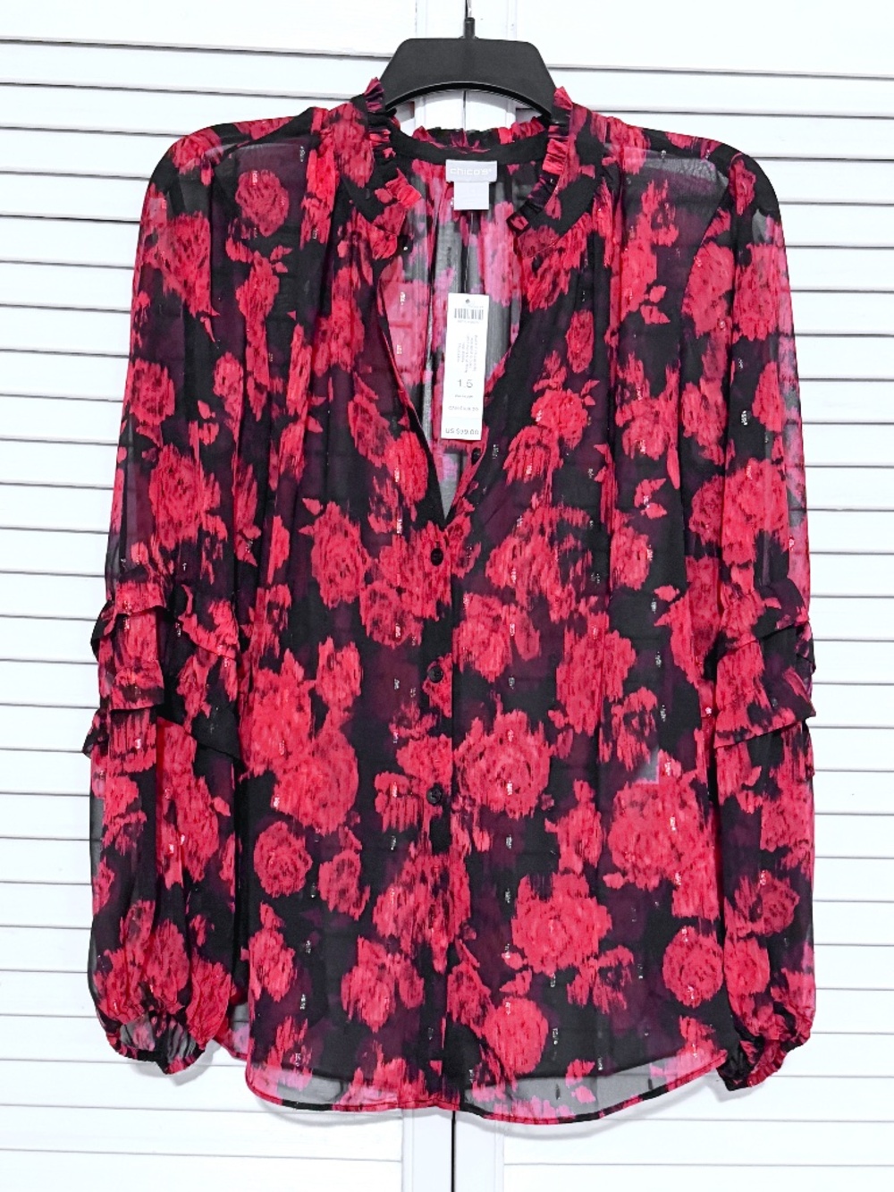 Chico's Sheer Ruffle Blouse Size 10 (1.5) -Medium - Red Black - New with tags